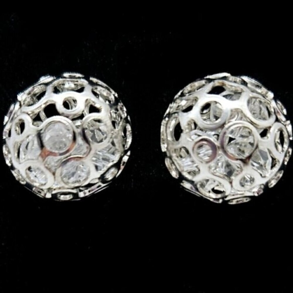 Silver Tone Rhinestone Open Sphere Stud Earrings Geometric Statement